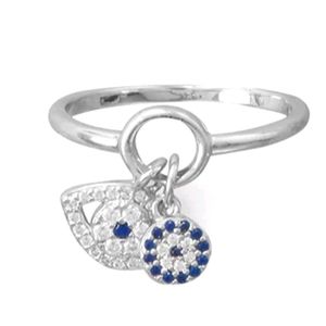 RHODIUM PLATED EVIL EYE CHARM RING STERLING SILVER